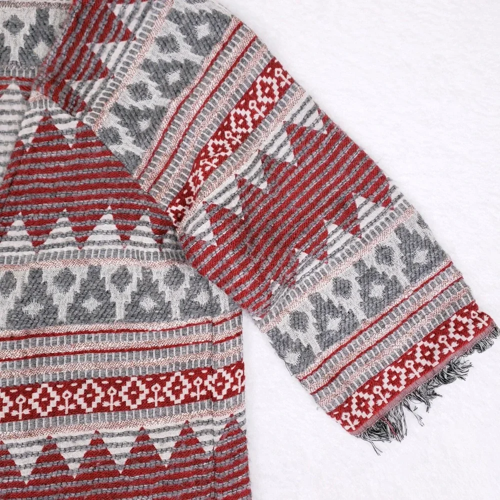 Roffe Fringe Cardigan Jacket Red Gray Fair Isle Boho Wool Blend Sweater Coat M‎